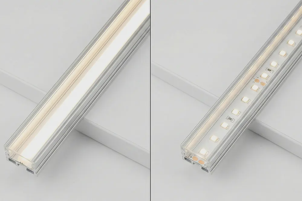 COB LED strip uniform beam pattern compared to SMD LED strip showing individual chip hotspots