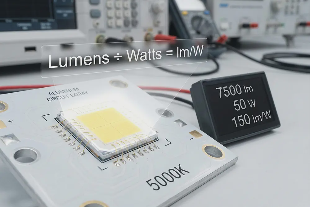 LED light source demonstrating luminous efficacy calculation with lumens and watts measurement display