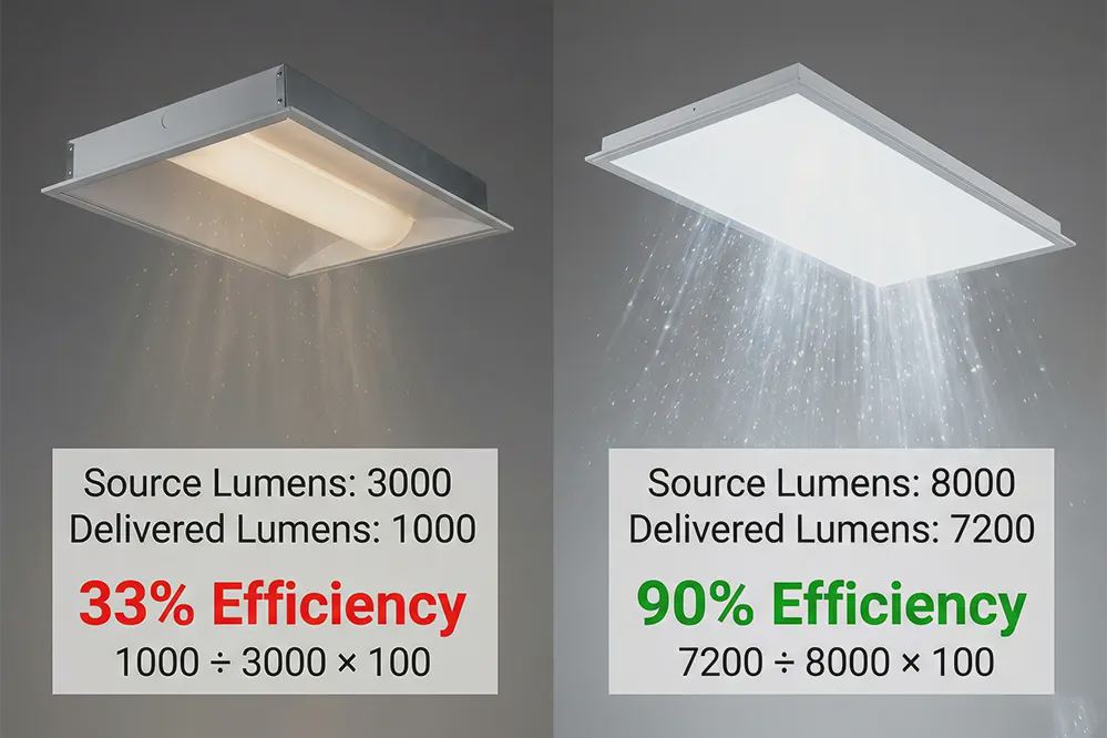 Two LED fixtures showing efficiency comparison between poor troffer and high-efficiency LED panel with percentage calculations