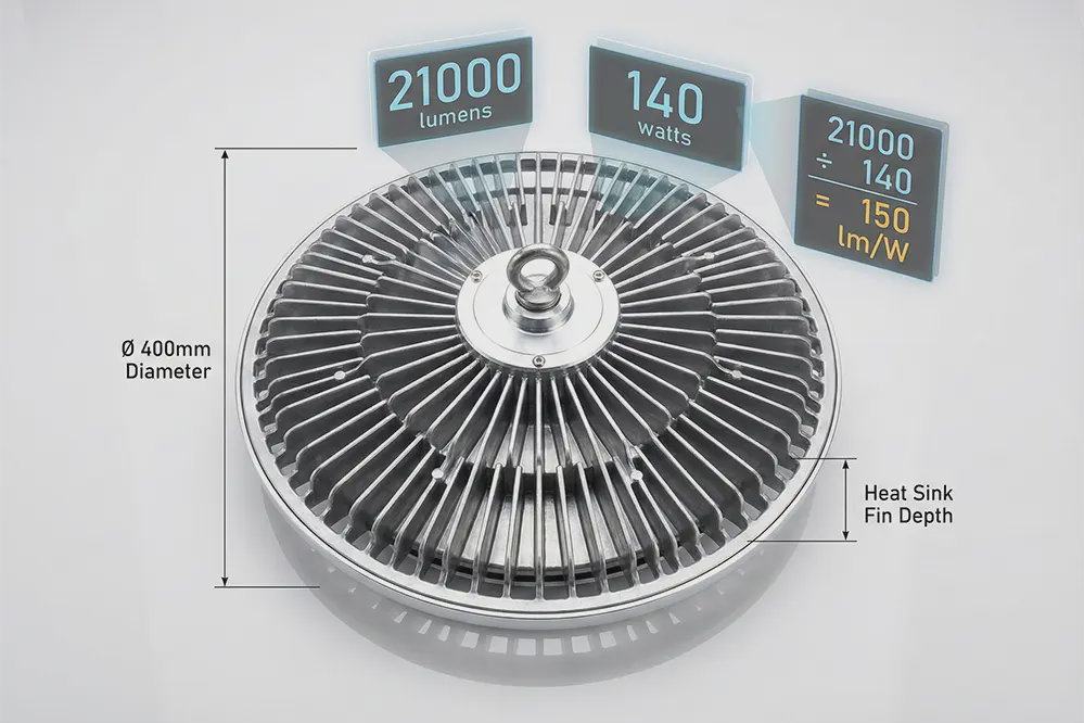 LED high bay fixture specification sheet showing efficacy calculation with lumens watts and formula