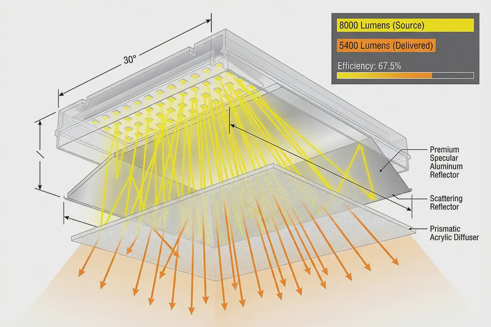LED fixture cross-section showing efficiency percentage and light distribution through reflectors and diffusers