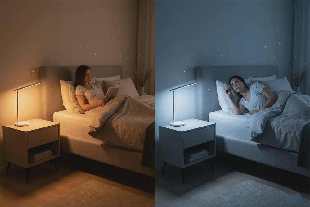 led-blue-light-sleep-health Warm LED bedroom lighting showing color temperature difference between warm and cool LEDs