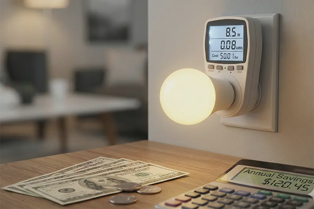 led-energy-efficiency-savings LED bulb with energy meter showing dramatic electricity cost savings and efficiency