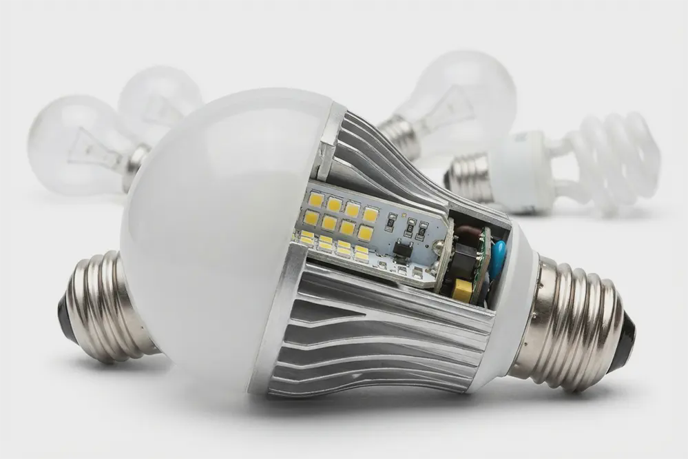 led-lifespan-durability-construction LED bulb cutaway showing solid state construction and aluminum heat sink for durability