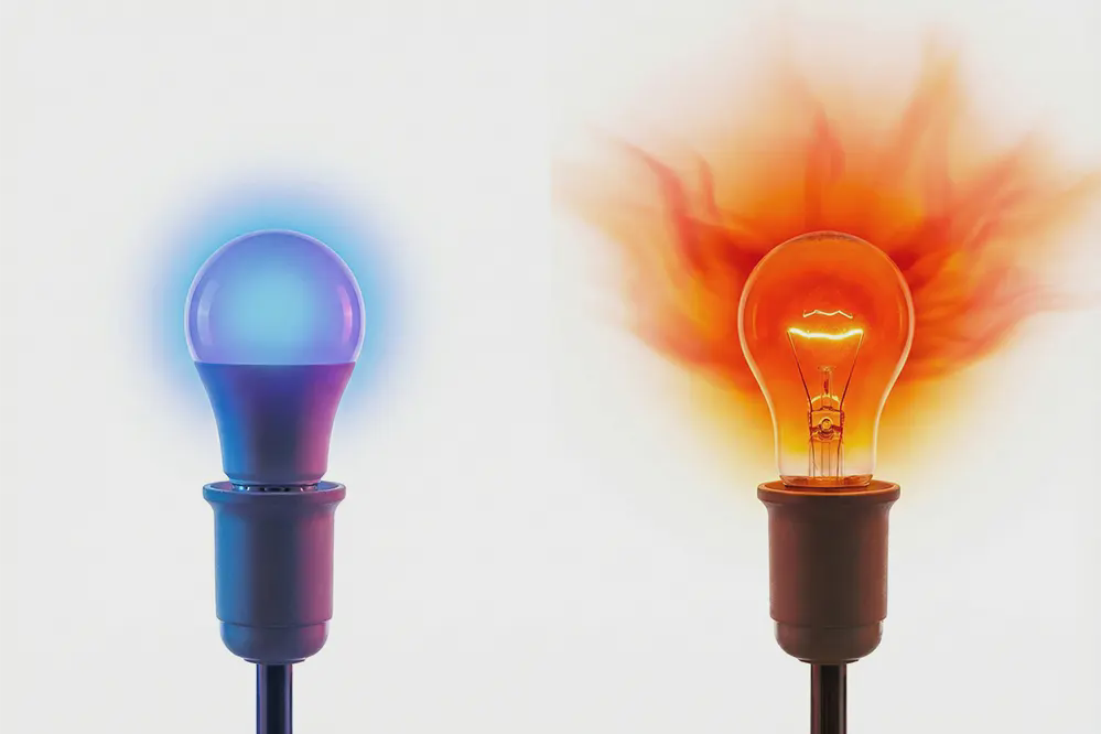 LED bulb showing low operating temperature compared to hot incandescent bulb thermal comparison