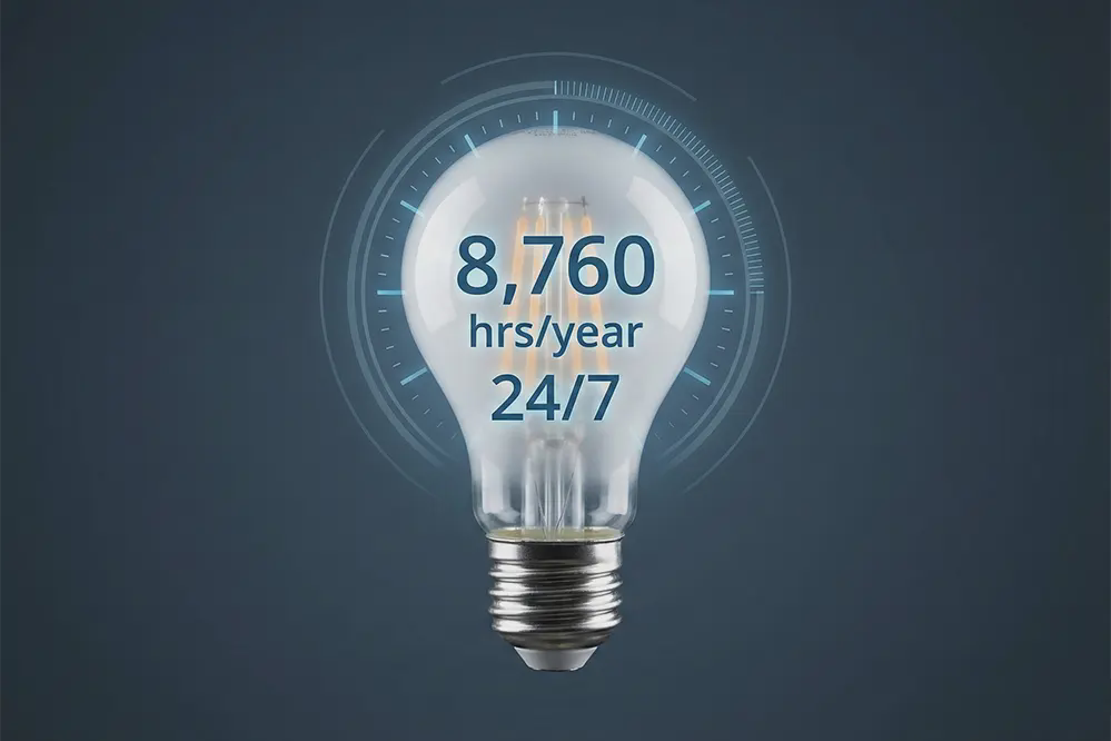 LED bulb with digital clock display showing continuous 24-hour operation and lifespan calculations