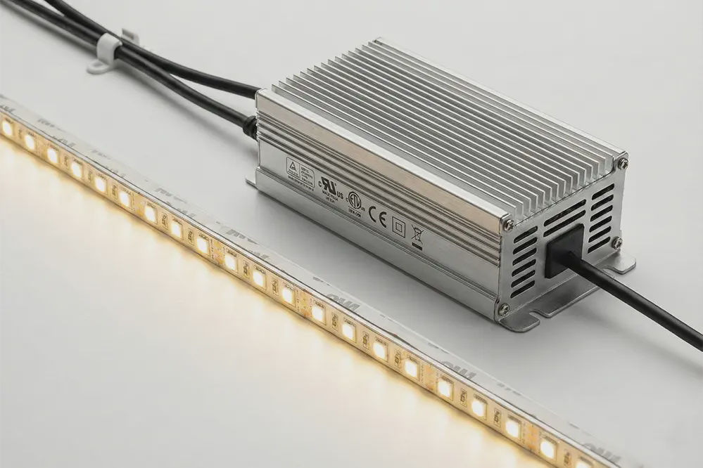 LED strip lights with external power supply transformer showing proper installation and heat management