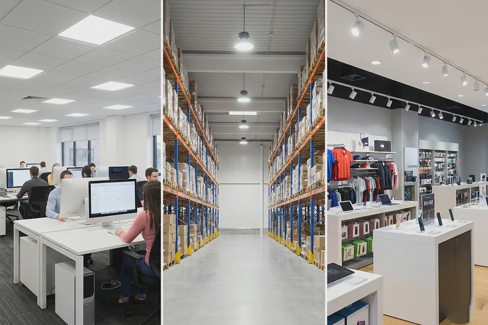 Various commercial spaces showing different IES recommended foot candle lighting levels