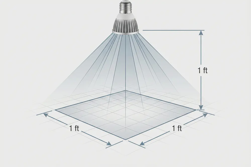 Visual diagram showing one foot candle equals one lumen per square foot measurement