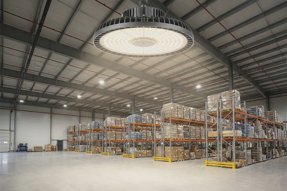 Modern LED high bay fixture illuminating warehouse showing even foot candle distribution