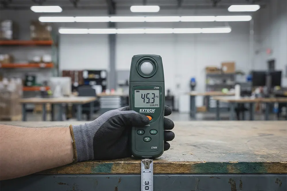 Commercial light meter positioned correctly at work plane height measuring illuminance