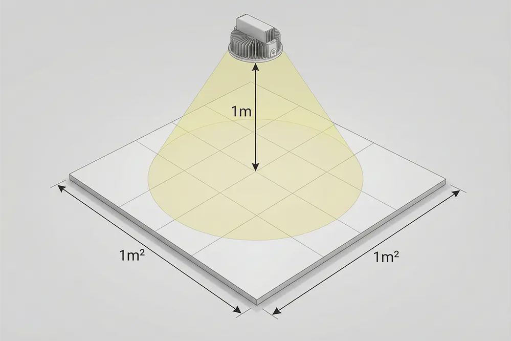 Visual diagram showing lux measurement as one lumen per square meter concept