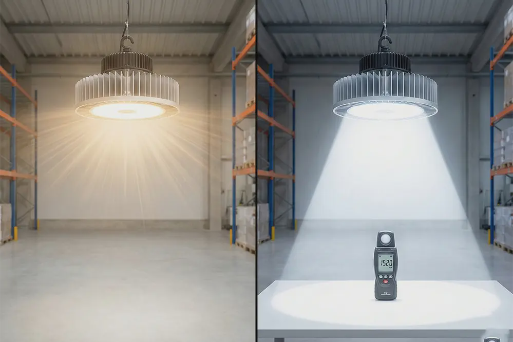 Side-by-side comparison showing lumens total output versus lux surface measurement