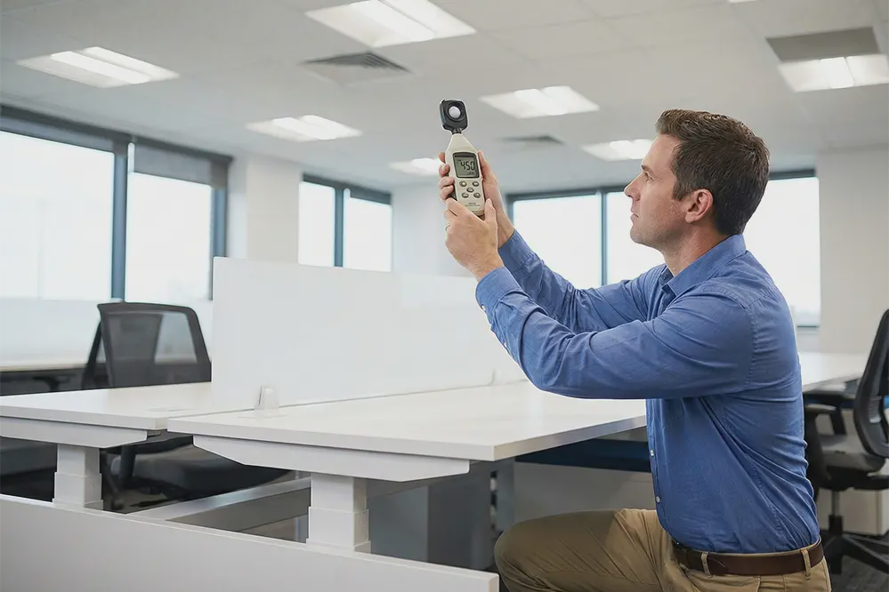 Lighting technician using calibrated lux meter to measure illuminance at desk surface