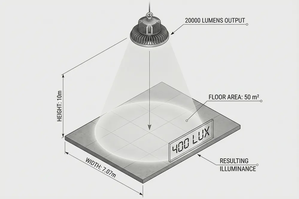 Technical diagram showing lux calculation formula with real LED fixture example