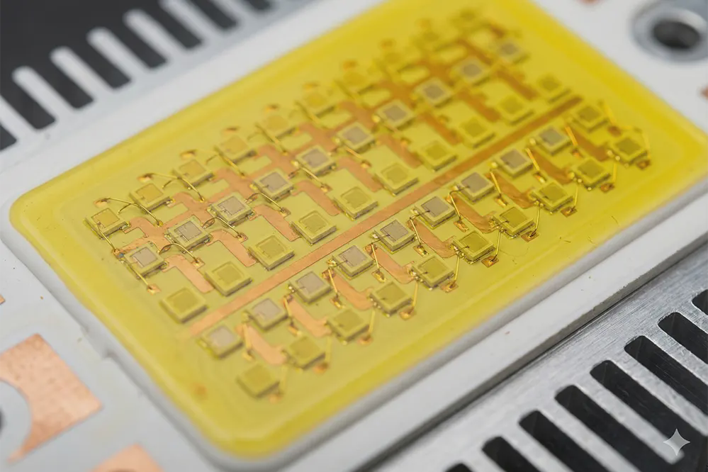 COB LED chip on board technology showing multiple LED chips densely packed on ceramic substrate