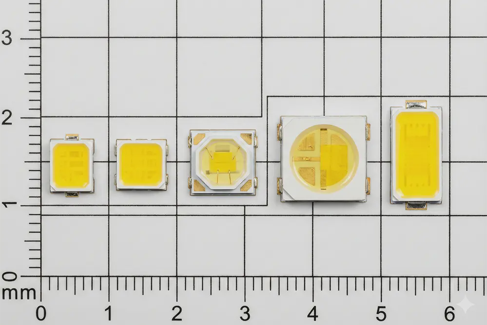 SMD LED chip size comparison showing 2835 3030 and 5050 surface mount packages with specifications